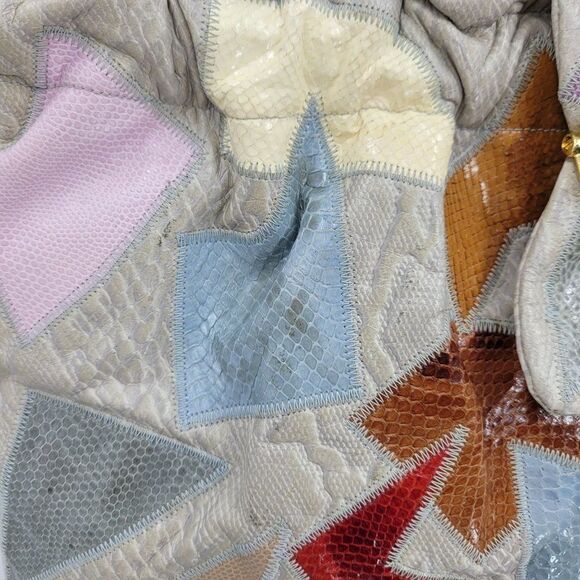 Vtg 80's Caprice Shoulder Bag Leather Boho Funky Patchwork Multicolor Large Gray - Picture 15 of 16